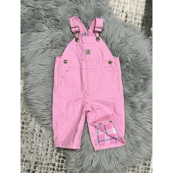 Carhartt Toddler Pink Size 6M Bib Overalls Plaid Design Strong Cotton Pockets - Picture 1 of 5